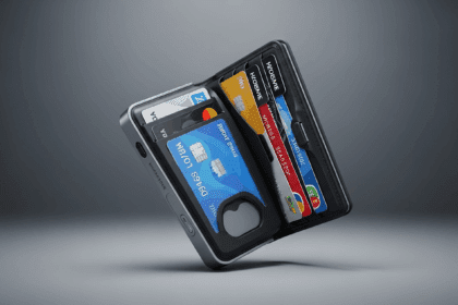 A sleek, modern wallet showcasing a variety of credit and loyalty cards merging into a single high-tech device, set against a minimalist and sophisticated backdrop. no texts on scene. Keywords: photorealistic style, high resolution, 4k details, HDR, cinematic lighting, professional photography, studio lighting, vibrant colors.