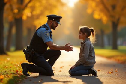 A police officer kneeling down to speak compassionately with a young person in a warm, sunlit park, capturing a moment of connection and inspiration, photorealistic, 4K, HDR, cinematic lighting, ultra detailed, award-winning photography, vibrant colors.