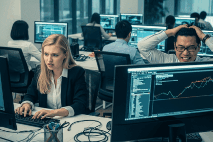 A dramatic scene depicting a busy office environment overwhelmed by technical chaos, with employees frustrated at their computers, flickering screens, and a sense of urgency as they respond to a cyberattack crisis. no texts on scene. photorealistic style, high resolution, 4k details, HDR, cinematic lighting, professional photography, studio lighting, vibrant colors.