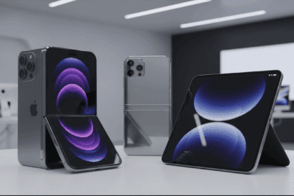 A futuristic showroom showcasing the latest foldable iPhones and iPads by Apple, highlighting sleek designs and innovative features, with a backdrop of an elegant, modern tech environment. no texts on scene. keywords: photorealistic style, high resolution, 4k details, HDR, cinematic lighting, professional photography, studio lighting, vibrant colors.