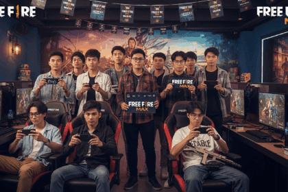 A dynamic scene showcasing excited mobile gamers eagerly anticipating the launch of Free Fire MAX, surrounded by vibrant game-themed decor and promotional banners, in an inviting urban gaming lounge. no texts on scene. Keywords: photorealistic style, high resolution, 4k details, HDR, cinematic lighting, professional photography, studio lighting, vibrant colors.
