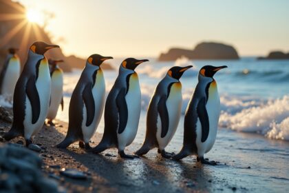 A group of penguins gathered on a rocky shore with bright sunlight illuminating their feathers, surrounded by the ocean waves, emphasizing their natural habitat. Photorealistic, 4K, HDR, cinematic lighting, ultra detailed, award-winning photography, studio shot, vibrant colors.