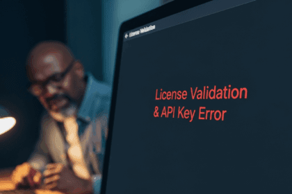 A close-up of a computer screen displaying an error message about license validation and API key issues, with a frustrated user in the background, illuminated by soft desk lamp light, photorealistic, 4K, HDR, cinematic lighting, ultra detailed, award-winning photography, studio shot, vibrant colors.