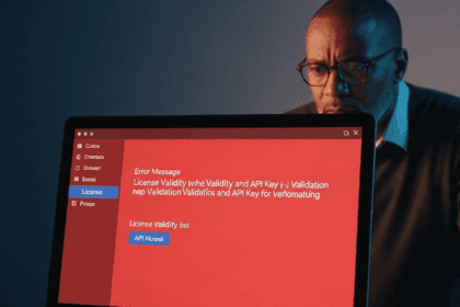 A close-up of a computer screen displaying an error message about license validity and API key validation, with a person looking concerned in the background, photorealistic, 4K, HDR, cinematic lighting, ultra detailed, award-winning photography, studio shot, vibrant colors.