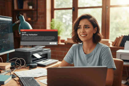 A close-up shot of a computer screen displaying an error message about API key validation, with a concerned person in a home office setting, surrounded by tech equipment and documentation, illuminated by soft natural light, photorealistic, 4K, HDR, ultra detailed, vibrant colors.