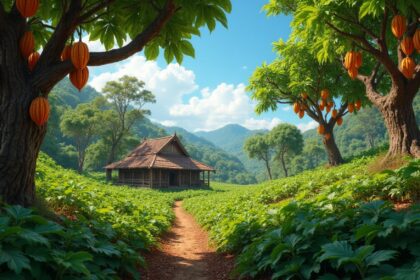 A lush, sprawling cocoa plantation with towering trees and vibrant cacao pods hanging from branches under a clear blue sky, with a rustic wooden farmhouse in the background. Photorealistic, 4K, HDR, cinematic lighting, ultra detailed, award-winning photography, studio shot, vibrant colors.