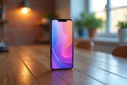 A sleek smartphone with a vibrant screen and modern design placed on a clean wooden table, surrounded by soft natural light filtering through a nearby window, with a colorful promotional banner featuring "Free Smartphone for Customers in the USA" elegantly displayed beside it, photorealistic, 4K, HDR, cinematic lighting, ultra detailed, award-winning photography, studio shot, vibrant colors.