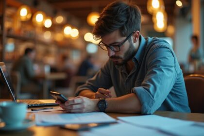 A close-up shot of a person sitting at a cluttered desk, distracted by multiple devices including a smartphone, laptop, and papers, with a soft-focus background depicting a busy café environment, showcasing a sense of chaos and lack of focus. Photorealistic, 4K, HDR, cinematic lighting, ultra detailed, award-winning photography, vibrant colors.