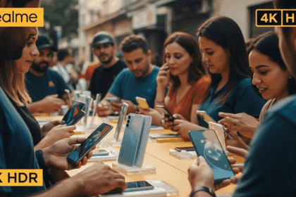 A lively street market in Brazil with various Realme smartphones on display, people interacting with the products, and a few Apple devices in the background, showcasing the competition, photorealistic, 4K, HDR, cinematic lighting, ultra detailed, award-winning photography, vibrant colors.