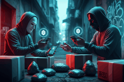 A dramatic and intense scene showcasing a high-tech underground drug operation in Rio de Janeiro, with masked individuals discreetly exchanging packages using smartphones and blockchain symbols symbolizing cryptocurrency, illuminated by low, moody lighting in an urban environment. no texts on scene. photorealistic style, high resolution, 4k details, HDR, cinematic lighting, professional photography, studio lighting, vibrant colors.
