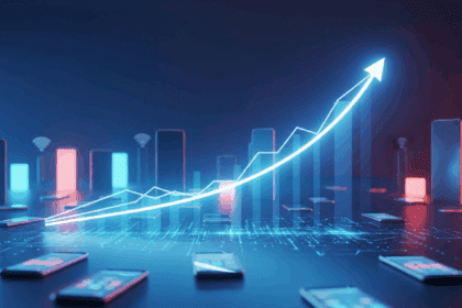 A visually striking scene depicting an abstract representation of declining mobile internet prices, featuring an upward-arcing graph fading into a vibrant digital landscape filled with mobile devices symbolizing connectivity, with bright, modern colors reflecting a sense of progress and improvement. No texts on scene. Keywords: photorealistic style, high resolution, 4k details, HDR, cinematic lighting, professional photography, studio lighting, vibrant colors.