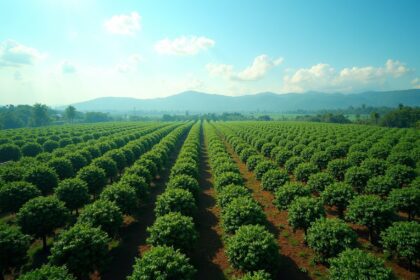 Aerial view of lush green coffee plantations with rows of coffee trees under a clear blue sky, showcasing ripe coffee cherries on branches, photorealistic, 4K, HDR, cinematic lighting, ultra detailed, award-winning photography, studio shot, vibrant colors.
