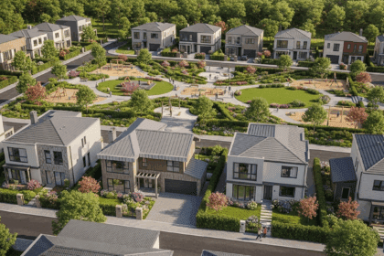 An aerial view of a modern urban neighborhood with recently constructed houses, showcasing vibrant gardens and community parks, highlighting the transformation of 28 cities through property regularization. photorealistic, 4K, HDR, cinematic lighting, ultra detailed, award-winning photography, studio shot, vibrant colors.