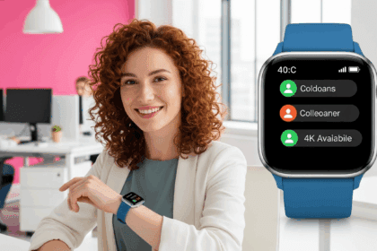 A smart watch displays notifications of availability to colleagues in a modern office setting, characterized by sleek technology and professional ambiance. No texts on scene. Keywords: photorealistic style, high resolution, 4k details, HDR, cinematic lighting, professional photography, studio lighting, vibrant colors.