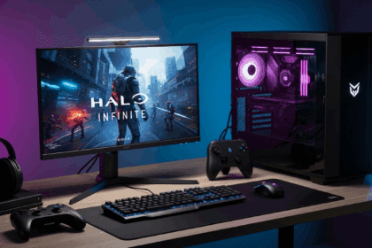 A visually engaging scene showcasing a modern gaming setup featuring a powerful gaming PC, a vibrant monitor displaying Halo Infinite graphics, and gaming accessories, surrounded by ambient lighting that emphasizes the immersive gaming experience. No texts on scene. Keywords: photorealistic style, high resolution, 4k details, HDR, cinematic lighting, professional photography, studio lighting, vibrant colors.