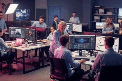 A dynamic workspace featuring professionals collaborating on digital projects, utilizing advanced technology to achieve efficient workflows and time management. No texts on scene; photorealistic style, high resolution, 4k details, HDR, cinematic lighting, professional photography, studio lighting, vibrant colors.