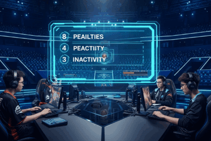A dynamic scene depicting a vibrant game arena where a League of Legends match is in full swing, with players intensely focused on their screens, while a digital overlay highlights penalties for inactivity in a stylized interface, evoking a futuristic gaming atmosphere. no texts on scene.  
Keywords: photorealistic style, high resolution, 4k details, HDR, cinematic lighting, professional photography, studio lighting, vibrant colors.