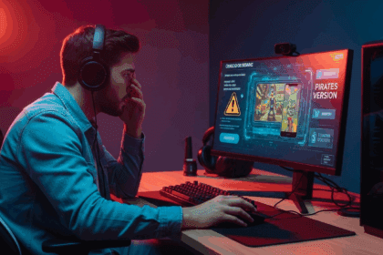 A visually striking scene depicting a concerned gamer in a modern gaming setup, anxiously examining a computer screen displaying security warnings and digital threats related to pirated versions of a mobile game, with vibrant colors and dramatic lighting amplifying the tension of cybersecurity risks. No texts on scene. Keywords: photorealistic style, high resolution, 4k details, HDR, cinematic lighting, professional photography, studio lighting, vibrant colors.