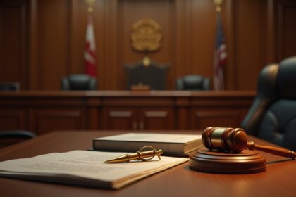 A close-up view of a courtroom with a judge's bench, wooden furniture, and legal books, highlighting a gavel and a legal document on the desk, in a serene atmosphere, photorealistic, 4K, HDR, cinematic lighting, ultra detailed, award-winning photography, studio shot, vibrant colors.
