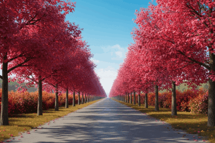 A serene pathway lined with vibrant trees leading toward a bright horizon, with a clear blue sky above; photorealistic, 4K, HDR, cinematic lighting, ultra detailed, award-winning photography, studio shot, vibrant colors.