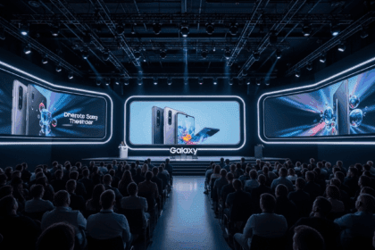 A visually striking scene showcasing a modern tech event stage featuring sleek presentation screens and a futuristic atmosphere, with the focus on the audience's eager anticipation for the unveiling of the latest Galaxy device. No texts on scene. Keywords: photorealistic style, high resolution, 4k details, HDR, cinematic lighting, professional photography, studio lighting, vibrant colors.