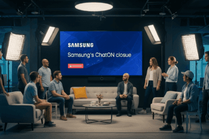 A visually impactful scene capturing a modern tech office with a large screen displaying the news of Samsung's ChatON closure, alongside employees discussing the transition to new communication platforms, illuminated by dynamic lighting. no texts on scene. high resolution, 4k details, HDR, cinematic lighting, professional photography, studio lighting, vibrant colors.