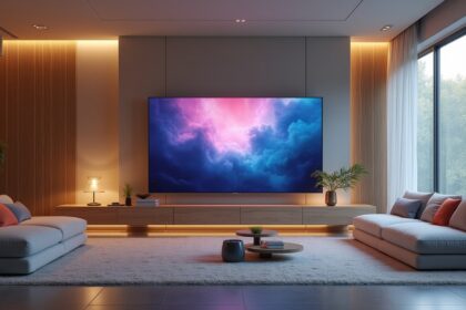A sleek, modern Samsung TV with a minimalist design displayed in a contemporary living room setting, featuring a large window with natural light and stylish furniture. Photorealistic, 4K, HDR, cinematic lighting, ultra detailed, award-winning photography, studio shot, vibrant colors.