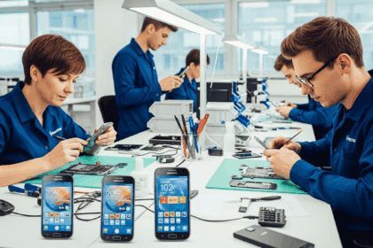 A visual scene depicting a modern tech service center, where skilled technicians are attentively working on several Galaxy S III phones, ensuring they are repaired and returned to satisfied customers, with a bright and welcoming atmosphere. no texts on scene. photorealistic style, high resolution, 4k details, HDR, cinematic lighting, professional photography, studio lighting, vibrant colors.