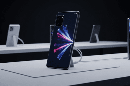 A modern tech launch scene featuring a sleek, futuristic smartphone on a minimalist display table, with dynamic lighting accentuating its innovative design and reflective surfaces. No texts on scene. Keywords: photorealistic style, high resolution, 4k details, HDR, cinematic lighting, professional photography, studio lighting, vibrant colors.