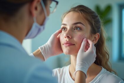 A close-up of a young person sitting in a bright, modern clinic, with a dermatologist examining their skin under soft, natural light, focusing on acne treatment; photorealistic, 4K, HDR, cinematic lighting, ultra detailed, award-winning photography, studio shot, vibrant colors.