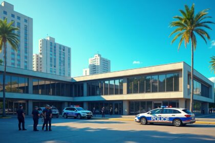 A modern police station in São Paulo with officers in uniform, patrol cars, and a clear blue sky overhead, photorealistic, 4K, HDR, cinematic lighting, ultra detailed, award-winning photography, studio shot, vibrant colors.