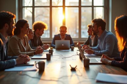 A diverse team of professionals engaged in a brainstorming session around a large conference table with notepads and laptops, sunlight streaming through a window, creating a warm and inviting atmosphere, photorealistic, 4K, HDR, cinematic lighting, ultra detailed, award-winning photography, studio shot, vibrant colors.