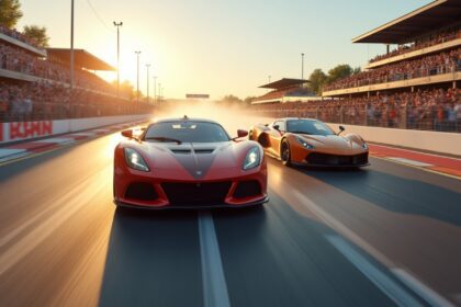 A dynamic racing scene showcasing two sleek sports cars competently speeding on a track, with one crossing the finish line in triumph and the other trailing closely behind, surrounded by cheering spectators, intense sunlight casting dramatic shadows. photorealistic, 4K, HDR, cinematic lighting, ultra detailed, award-winning photography, studio shot, vibrant colors.