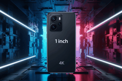 A sleek, modern smartphone showcasing its impressive 1-inch camera lens, placed in a high-tech studio environment with vibrant reflections and intricate details. no texts on scene. Keywords: photorealistic style, high resolution, 4k details, HDR, cinematic lighting, professional photography, studio lighting, vibrant colors.