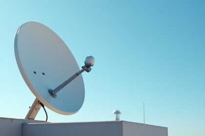 A sleek Starlink Mini satellite dish positioned on a rooftop against a clear blue sky, showcasing its compact design and advanced technology, photorealistic, 4K, HDR, cinematic lighting, ultra detailed, award-winning photography, studio shot, vibrant colors.