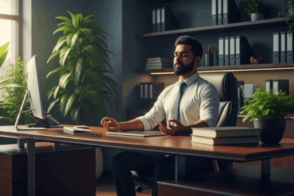 A serene office environment with a leader meditating at their desk, surrounded by plants and a calming atmosphere, with a warm sunlight streaming through the window, photorealistic, 4K, HDR, cinematic lighting, ultra detailed, award-winning photography, vibrant colors.