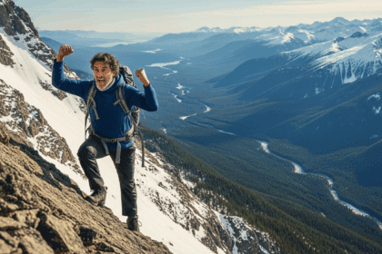 A person triumphantly climbing a steep mountain, symbolizing the overcoming of personal and professional obstacles, with a breathtaking landscape in the background. no texts on scene. powerful quality keywords: photorealistic style, high resolution, 4k details, HDR, cinematic lighting, professional photography, studio lighting, vibrant colors.