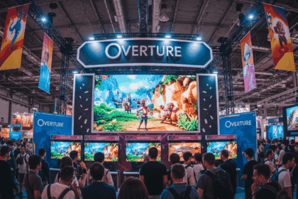 A stunning game booth at a festival, featuring a large screen displaying the game "Overture" with vibrant visuals, a captivated crowd nearby, and colorful banners, all set under bright festival lights, photorealistic, 4K, HDR, cinematic lighting, ultra detailed, award-winning photography, vibrant colors.
