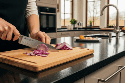 A modern kitchen with a cutting board, a sharp knife, and an onion being sliced in a bright, airy environment, highlighting advanced culinary techniques and tools designed to minimize tears while chopping. no texts on scene, photorealistic style, high resolution, 4k details, HDR, cinematic lighting, professional photography, studio lighting, vibrant colors.