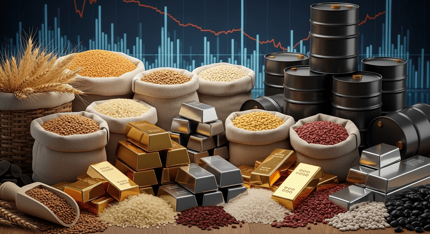 A close-up of a market scene showing a variety of commodities like grains, metals, and oil barrels, with a graph indicating declining prices in the background, highlighting an economic forecast, photorealistic, 4K, HDR, cinematic lighting, ultra detailed, award-winning photography, studio shot, vibrant colors.