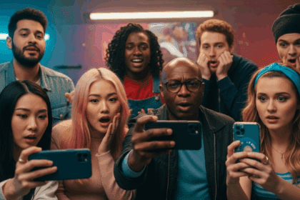 A dynamic scene portraying social media influencers reacting in a vibrant studio setting, some recording their responses on smartphones while others discuss passionately, displaying a mix of emotions regarding TikTok's ban on cryptocurrency content. no texts on scene. photorealistic style, high resolution, 4k details, HDR, cinematic lighting, professional photography, studio lighting, vibrant colors.