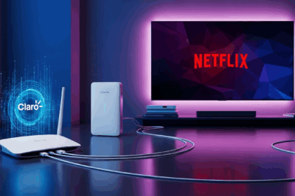 A vibrant and modern scene showcasing a high-speed internet service advertisement featuring elements like fiber optic cables, a sleek router, and a prominent Netflix logo, symbolizing competitive pricing against rivals like Claro, all in a digital ambiance. No texts on scene. Keywords: photorealistic style, high resolution, 4k details, HDR, cinematic lighting, professional photography, studio lighting, vibrant colors.