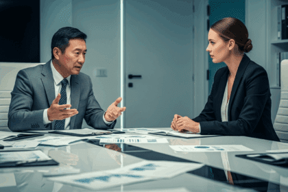 A business meeting scene with a formal conference table, documents scattered, and two professionals in suits discussing intensely, one gesturing assertively, in a modern office setting, photorealistic, 4K, HDR, cinematic lighting, ultra detailed, award-winning photography, vibrant colors.