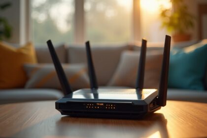 A close-up of a TP-Link router on a wooden table, with soft natural light illuminating the device to emphasize its sleek design and features, surrounded by a blurred background of a modern living room. Photorealistic, 4K, HDR, cinematic lighting, ultra detailed, award-winning photography, studio shot, vibrant colors.