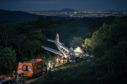A somber scene showing a small airplane crash landing in a wooded area, surrounded by emergency responders and a distant view of Sete Lagoas in the background, capturing the gravity of the situation, photorealistic, 4K, HDR, cinematic lighting, ultra detailed, award-winning photography, studio shot, vibrant colors.