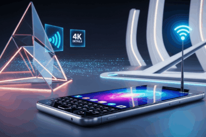 A visualização retrata a evolução da BlackBerry sob nova liderança, com elementos que representam inovação tecnológica, modernização e uma nova era de design para dispositivos móveis, incluindo gráficos de crescimento e ícones de conectividade. no texts on scene. Keywords: photorealistic style, high resolution, 4k details, HDR, cinematic lighting, professional photography, studio lighting, vibrant colors.