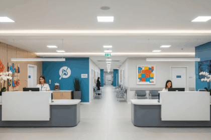 A modern hospital reception area in Belo Horizonte, featuring sleek design, staff assisting patients, and vibrant artwork on the walls. Photorealistic, 4K, HDR, cinematic lighting, ultra detailed, award-winning photography, studio shot, vibrant colors.
