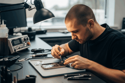 A detailed scene of a skilled technician working on an open iPhone 13, meticulously modifying a chip to ensure seamless screen replacement, surrounded by tools and tech equipment in a modern repair shop. no texts on scene. photorealistic style, high resolution, 4k details, HDR, cinematic lighting, professional photography, studio lighting, vibrant colors.