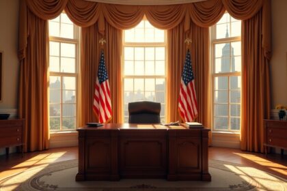 A presidential office with a desk, American flags, and a large window showing a city skyline, bathed in warm, natural light. Photorealistic, 4K, HDR, cinematic lighting, ultra detailed, award-winning photography, studio shot, vibrant colors.