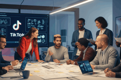 A modern digital workspace filled with diverse professionals discussing strategic plans for social media regulations, surrounded by screens displaying TikTok's logo and relevant data analytics. No texts on scene. Keywords: photorealistic style, high resolution, 4k details, HDR, cinematic lighting, professional photography, studio lighting, vibrant colors.